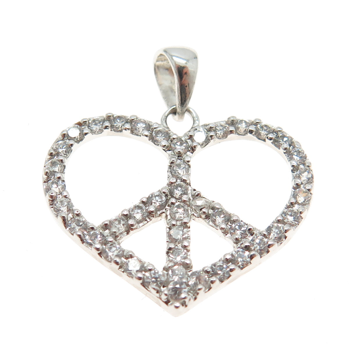 925 Sterling Silver Round-Cut Shaped C Z Symbol of Peace in Heart Pendant