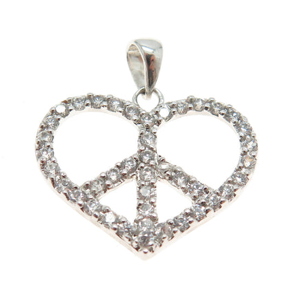 925 Sterling Silver Round-Cut Shaped C Z Symbol of Peace in Heart Pendant