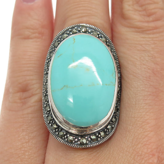 925 Sterling Silver Vintage Real Turquoise & Marcasite Ring Size 5.75