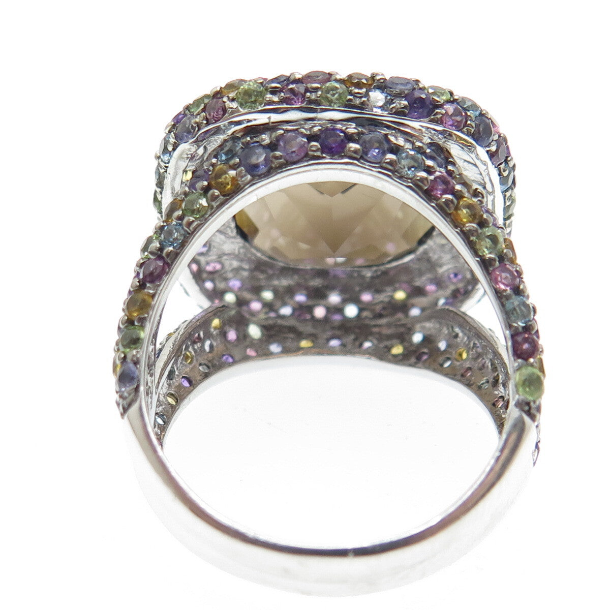 DSMK 925 Sterling Silver Real Multi-Color Gemstone Cushion Ring Size 7.25