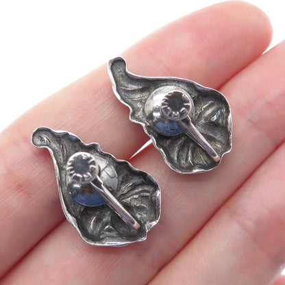 925 Sterling Silver Vintage Flower Repousse Oxidized Screw Back Earrings
