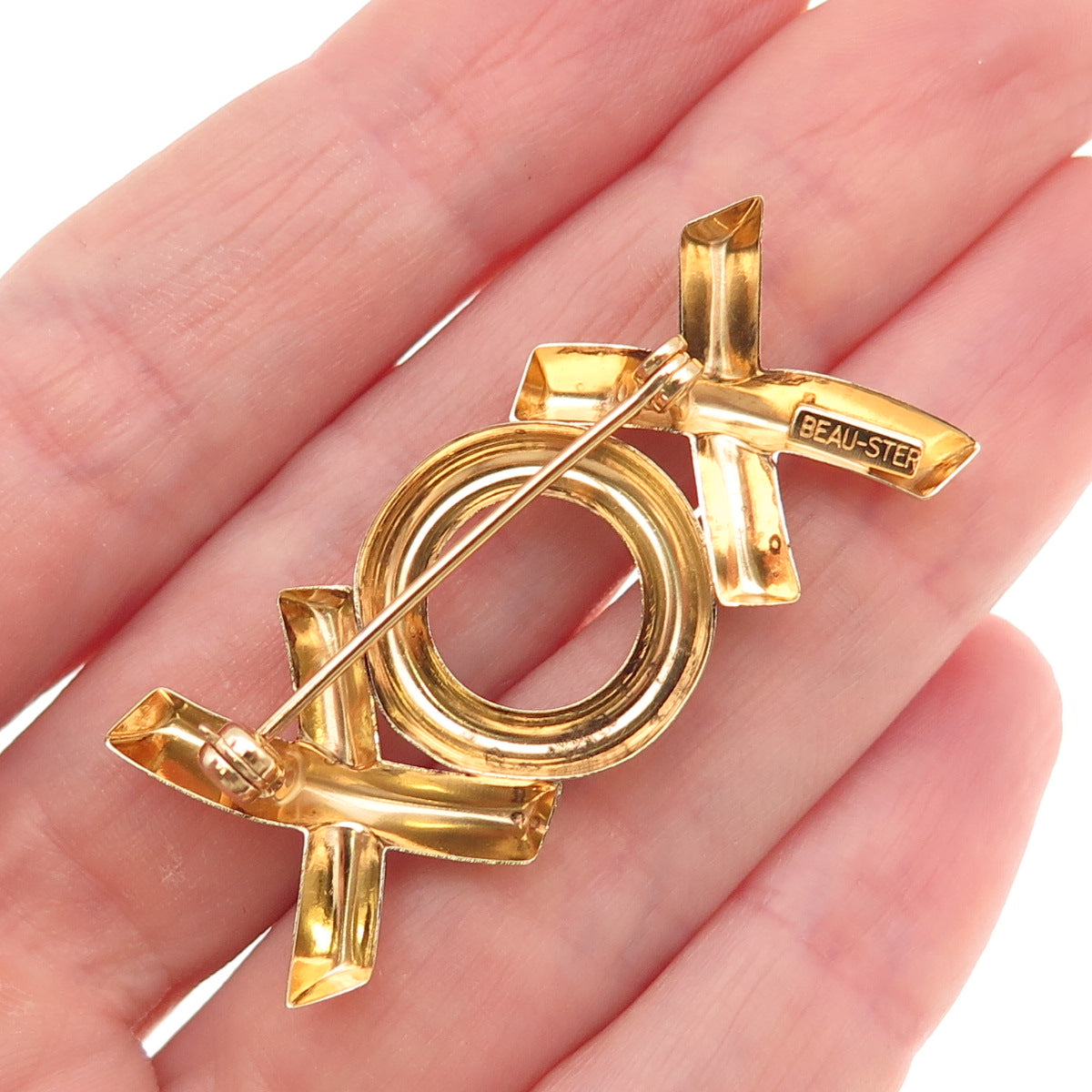 Beau 925 Sterling Silver Gold Plated Vintage XOX Hugs & Kisses Pin Brooch