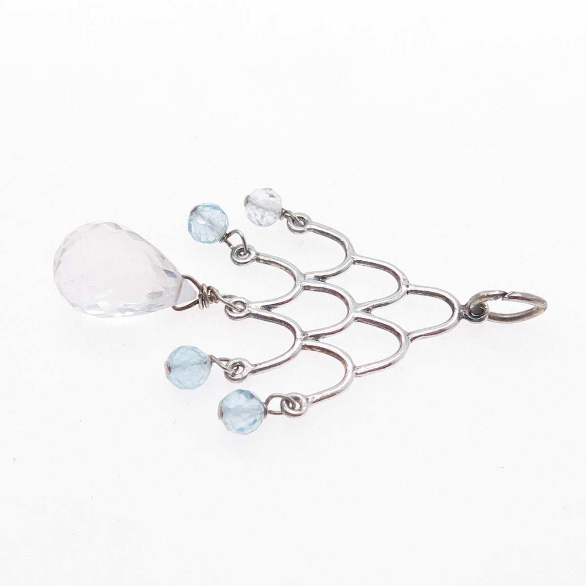 925 Sterling Silver Vintage Real Clear Quartz & Blue Topaz Chandelier Pendant