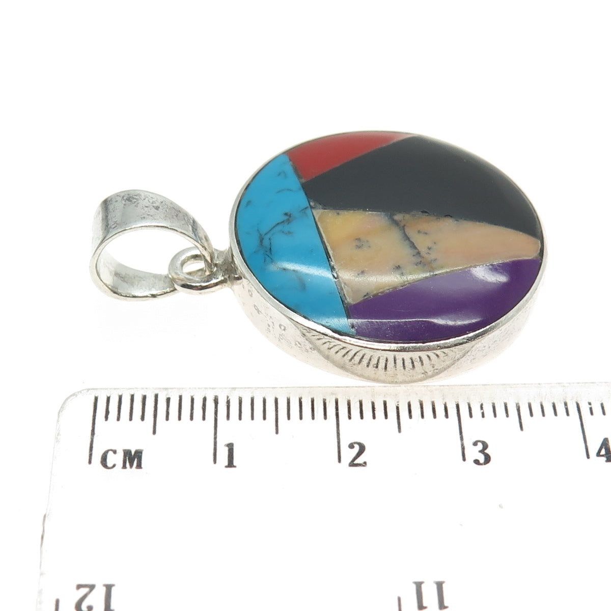 925 Sterling Silver Vintage Mexico Black Onyx Sugilite Turquoise Jasper Pendant