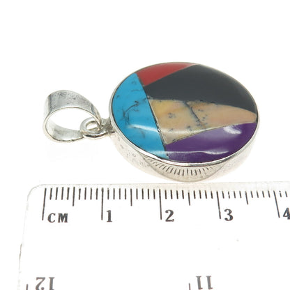 925 Sterling Silver Vintage Mexico Black Onyx Sugilite Turquoise Jasper Pendant