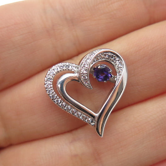 925 Sterling Silver Real Round-Cut Amethyst White Topaz Heart Mini Slide Pendant