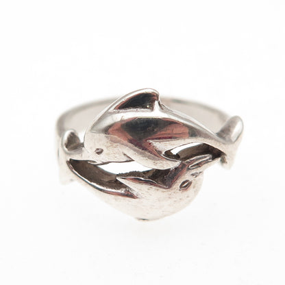 925 Sterling Silver Vintage Dolphin Couple Oxidized Ring Size 5