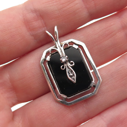 925 Sterling Silver Vintage Real Black Onyx & C Z Oxidized Charm Pendant