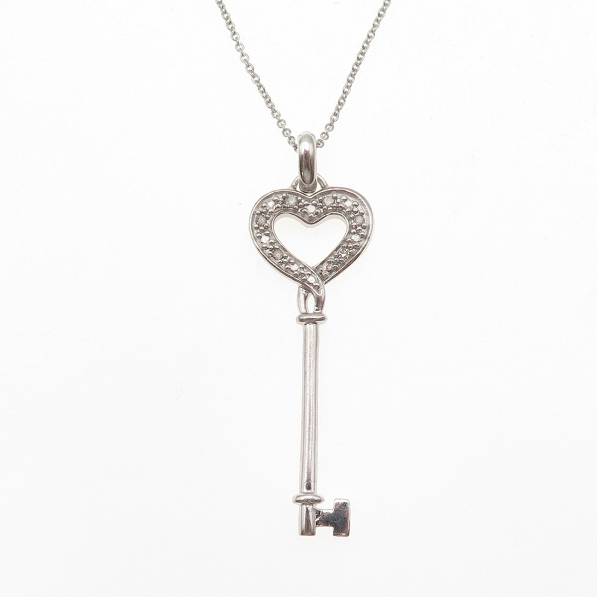 925 Sterling Silver Real Round-Cut Diamond Heart Key Cable Chain Necklace 18"