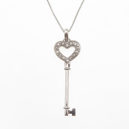 925 Sterling Silver Real Round-Cut Diamond Heart Key Cable Chain Necklace 18"