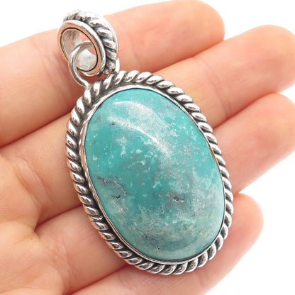 925 Sterling Silver Vintage Real Cabochon Tyrone Turquoise Roped Pendant