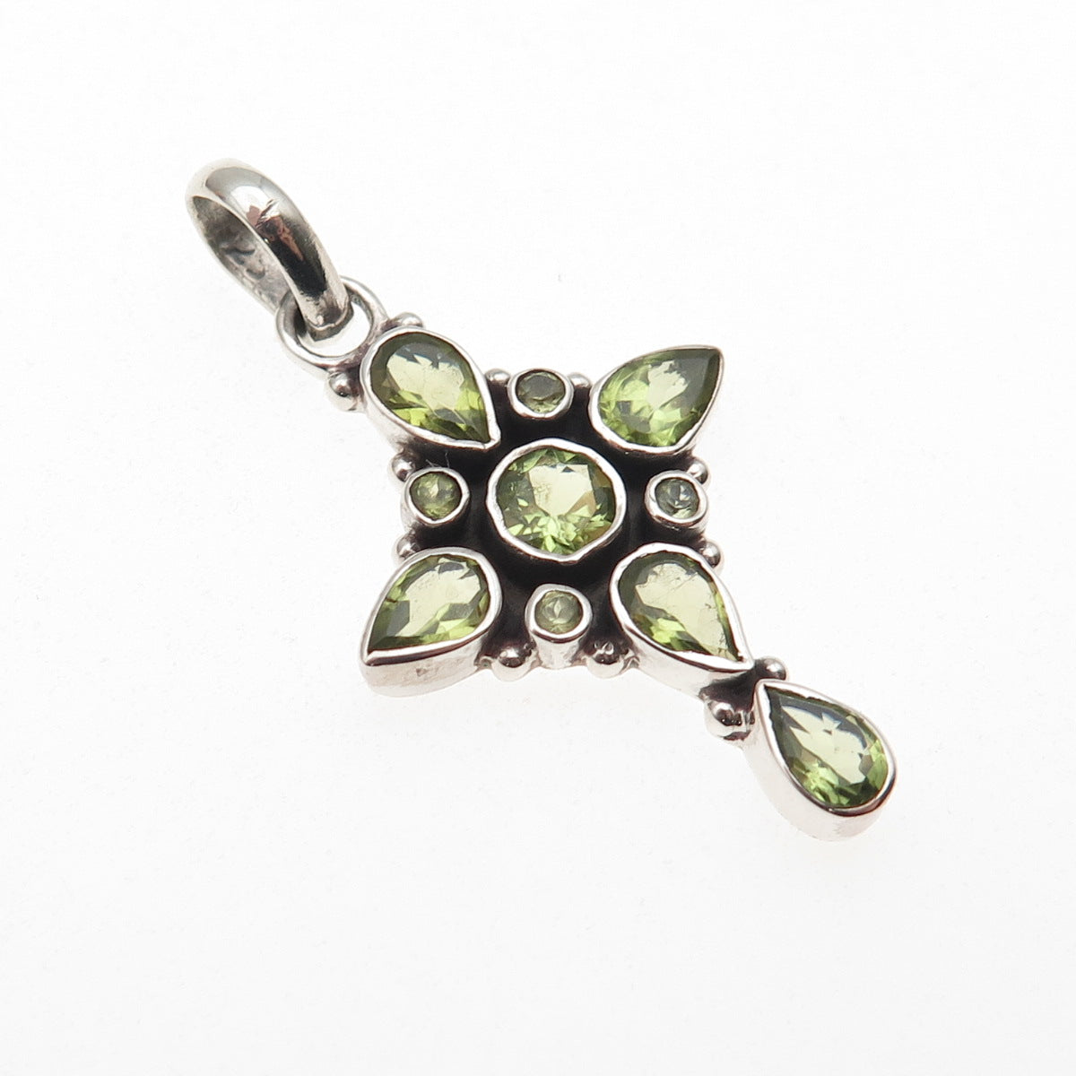 925 Sterling Silver Vintage Real Peridot Cross Cluster Charm Pendant