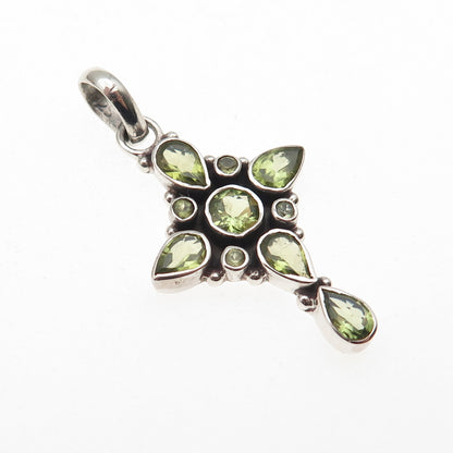 925 Sterling Silver Vintage Real Peridot Cross Cluster Charm Pendant