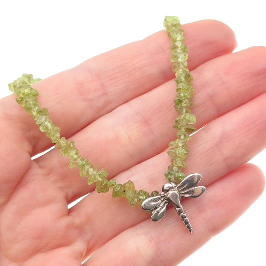 925 Sterling Silver Vintage IS Artisan Real Peridot Dragonfly Chain Necklace 16"