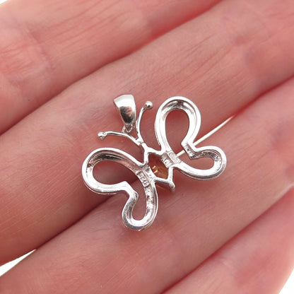 925 Sterling Silver Real Diamond & Citrine Butterfly Mini Charm Pendant