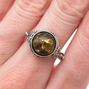 925 Sterling Silver Vintage Real Amber Oxidized Ring Size 8