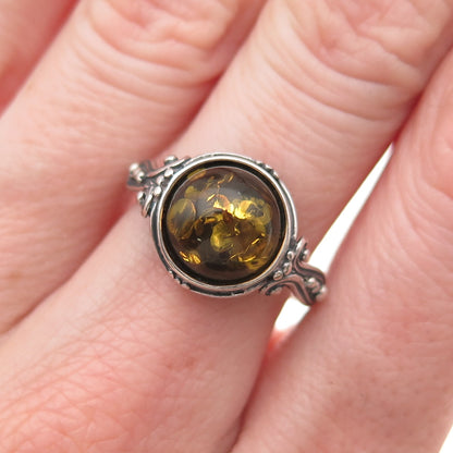 925 Sterling Silver Vintage Real Amber Oxidized Ring Size 8