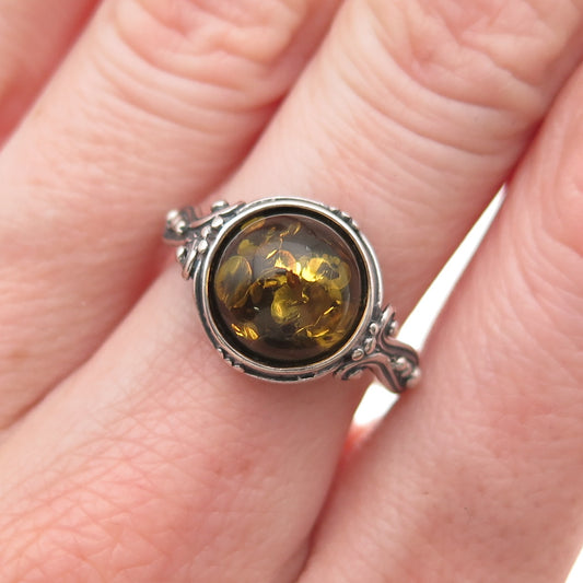 925 Sterling Silver Vintage Real Amber Oxidized Ring Size 8