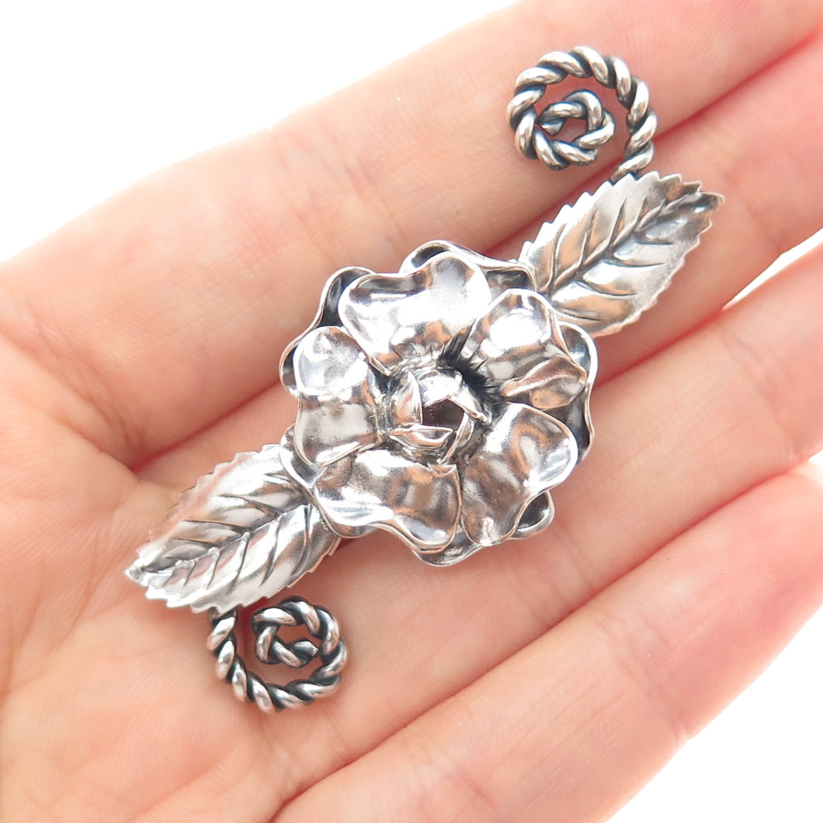 925 Sterling Silver Antique Art Deco Peony Flower Oxidized Pin Brooch