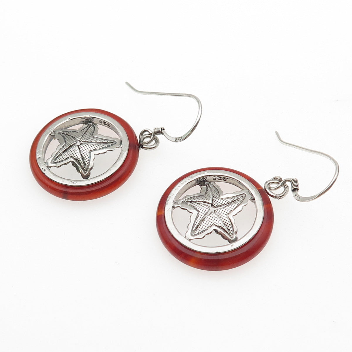 925 Sterling Silver Vintage Real Carnelian Starfish Dangle Earrings