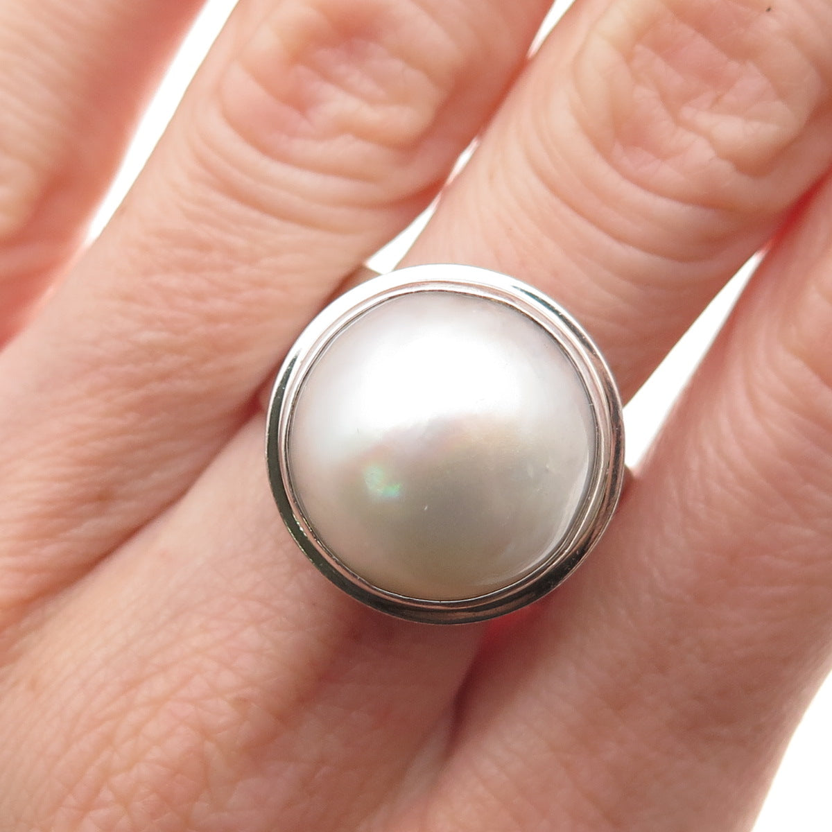 925 Sterling Silver Vintage Real Pearl Modernist Oxidized Ring Size 9.25