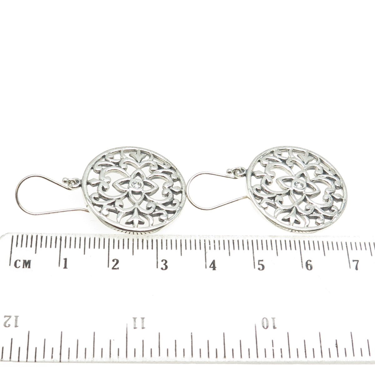 925 Sterling Silver Round-Cut C Z Ornate Floral Round Dangling Earrings