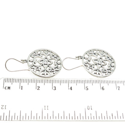 925 Sterling Silver Round-Cut C Z Ornate Floral Round Dangling Earrings