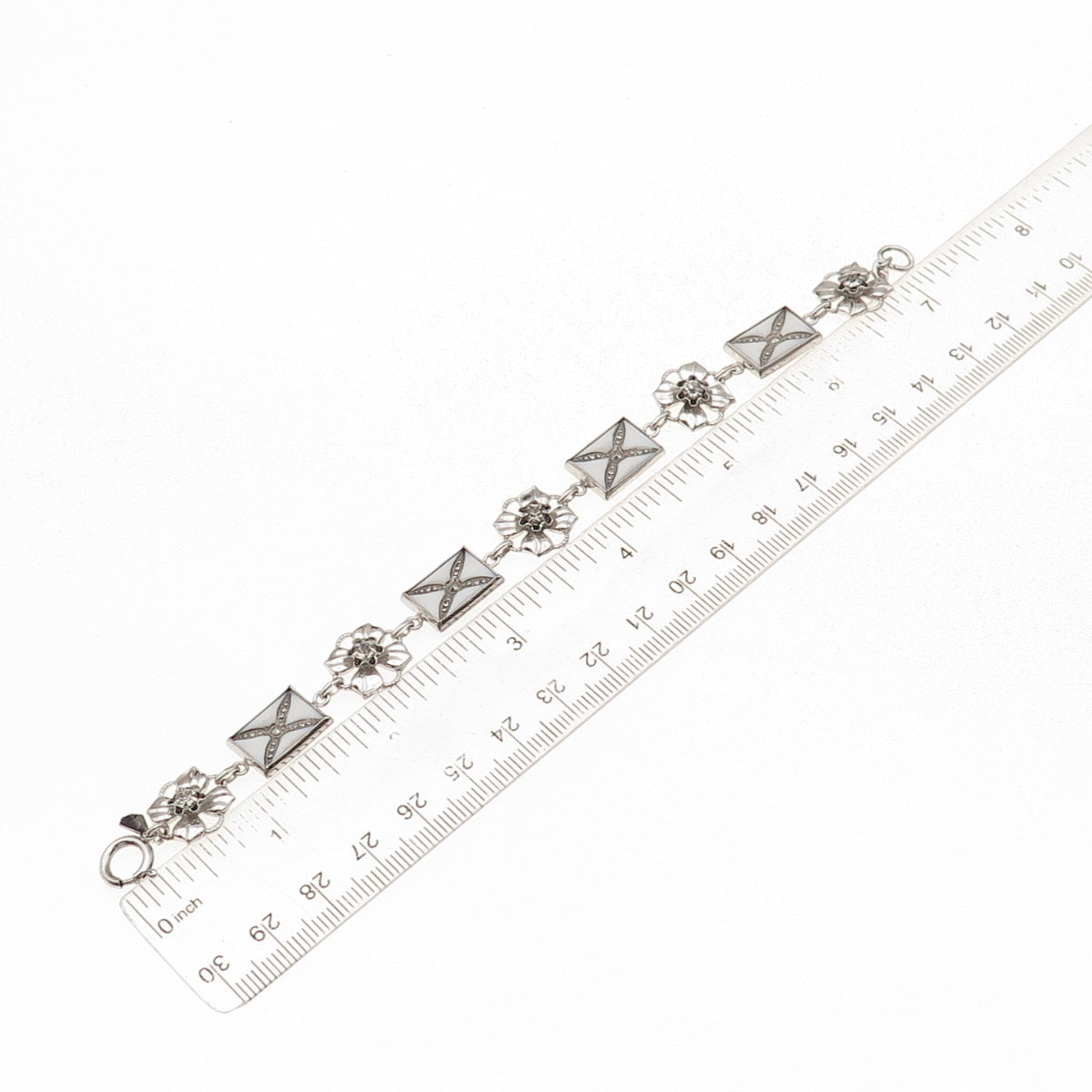 Amco Sterling Silver Antique Art Deco Enamel Marcasite & Rhinestone Bracelet 7"