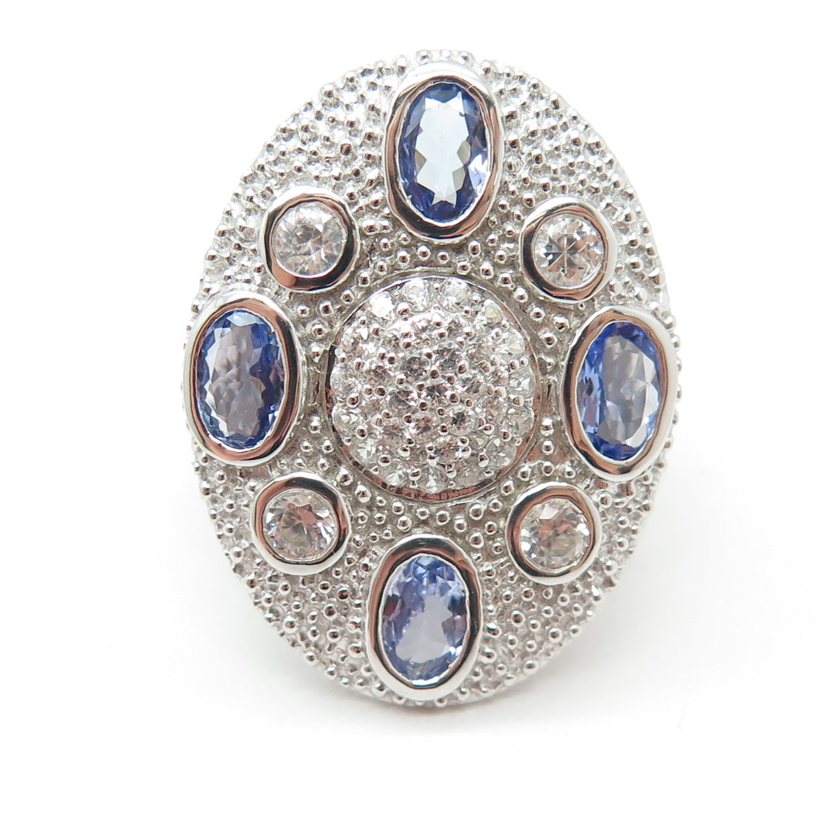 DSMK 925 Sterling Silver White Topaz & Tanzanite Gem Statement Ring Size 7.25