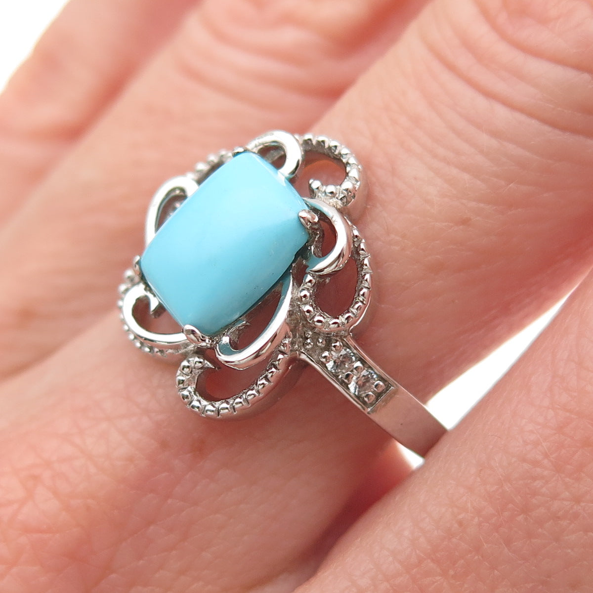 925 Sterling Silver Real Turquoise & White Topaz Floral Ring Size 8
