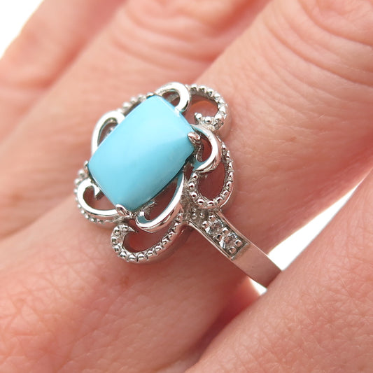 925 Sterling Silver Real Turquoise & White Topaz Floral Ring Size 8
