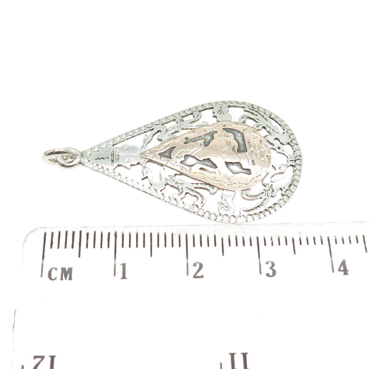900 Silver & 10K Rose Gold Vintage Tribal Warrior Teardrop Charm Pendant