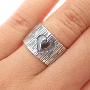 925 Sterling Silver & 14K Gold Vintage Modernist Heart Oxidized Ring Size 7.5