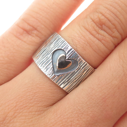 925 Sterling Silver & 14K Gold Vintage Modernist Heart Oxidized Ring Size 7.5