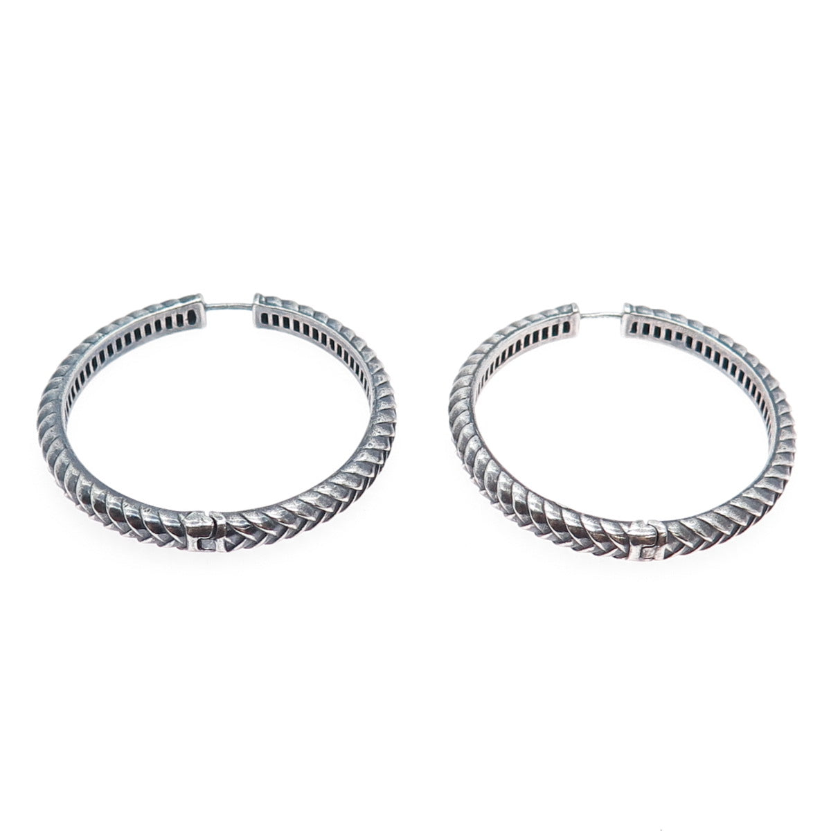 925 Sterling Silver Vintage Modernist Wheat Link Oxidized Hoop Earrings