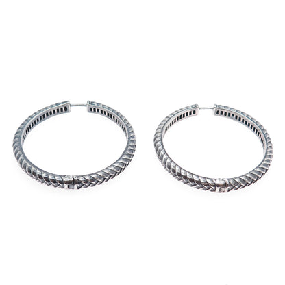 925 Sterling Silver Vintage Modernist Wheat Link Oxidized Hoop Earrings