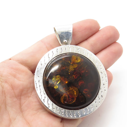 VALERIO POLAND V8 Sterling Silver Vintage Real Amber Modernist Large Pendant