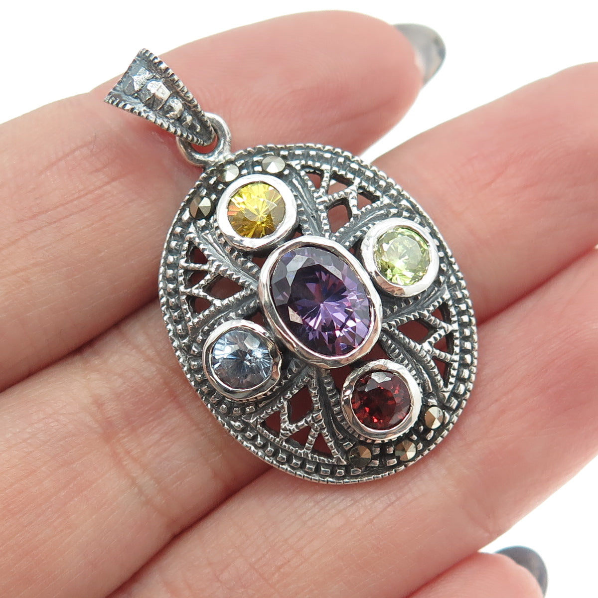 925 Sterling Silver Vintage Amethyst Citrine Peridot Garnet Topaz Gem Pendant