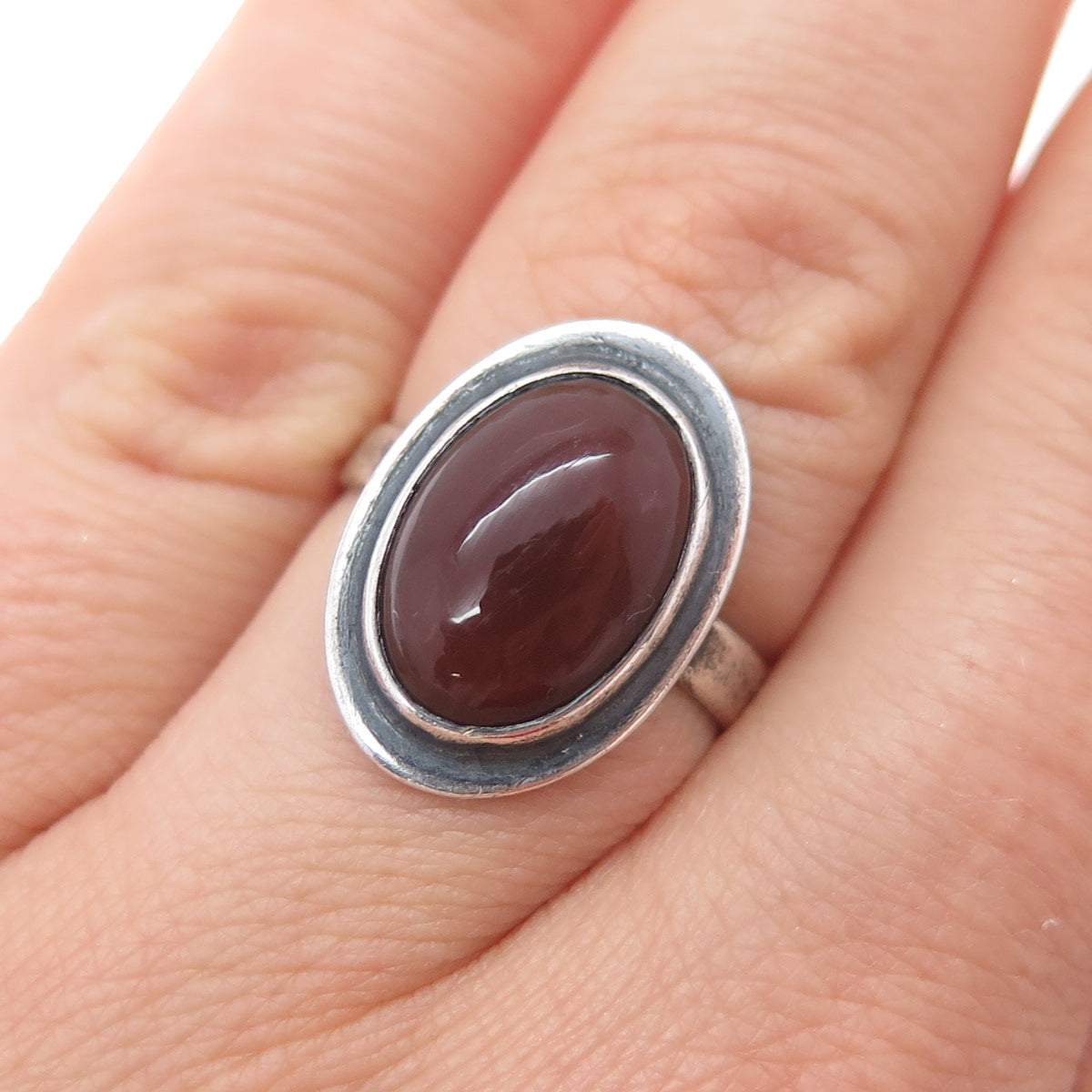 925 Sterling Silver Vintage Real Carnelian Modernist Oxidized Ring Size 6
