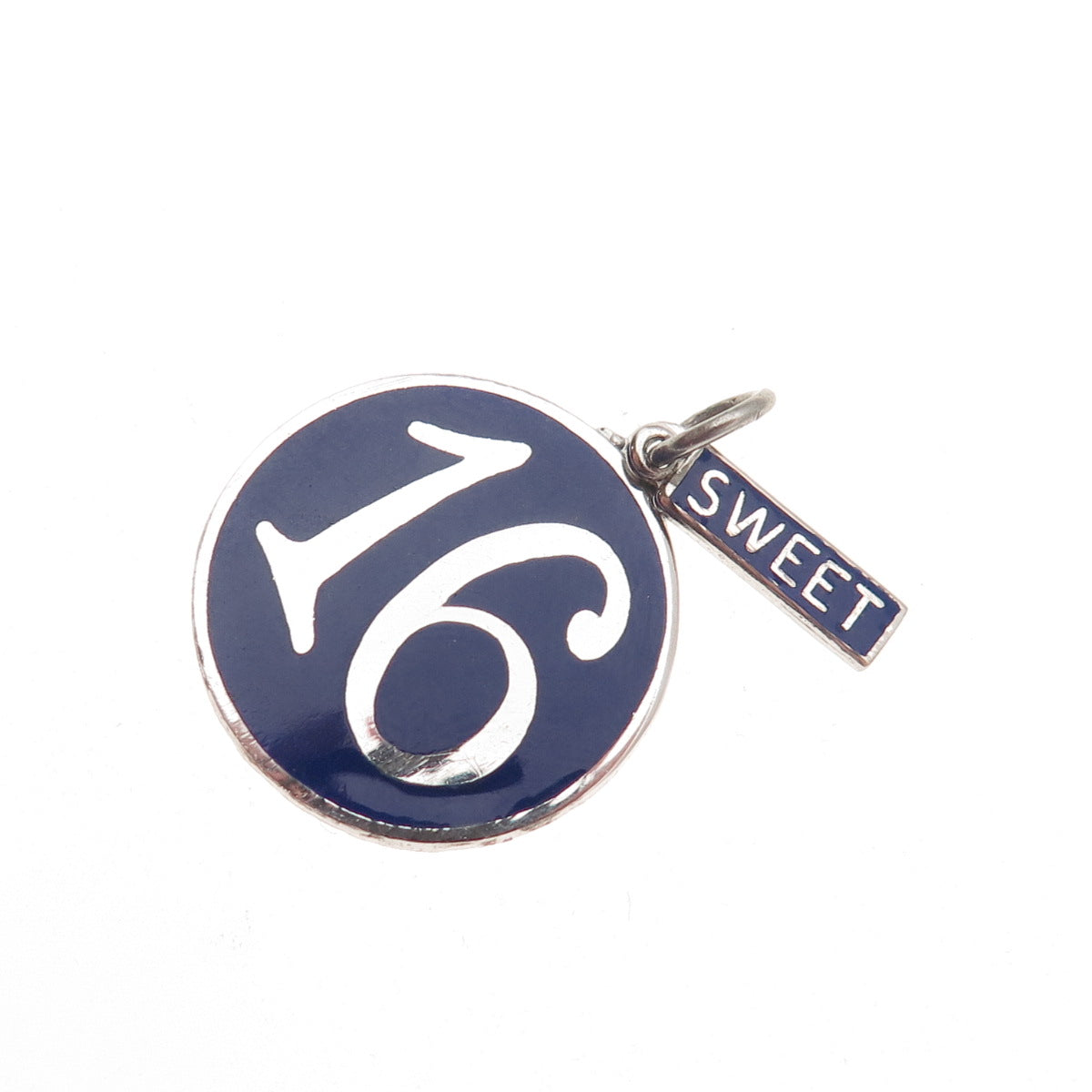925 Sterling Silver Vintage Enamel Sweet 16 Round Tag Charm Pendant