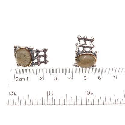 925 Sterling Silver 14K Gold Vintage Real Rutilated Quartz Modernist Earrings