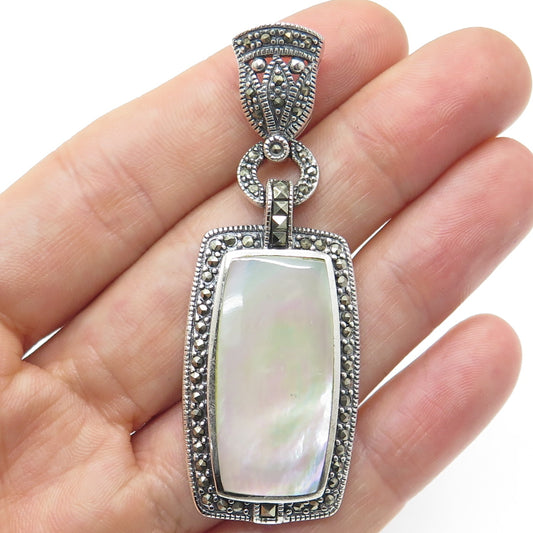 925 Sterling Silver Vintage Real Mother-of-Pearl & Marcasite Floral Pendant