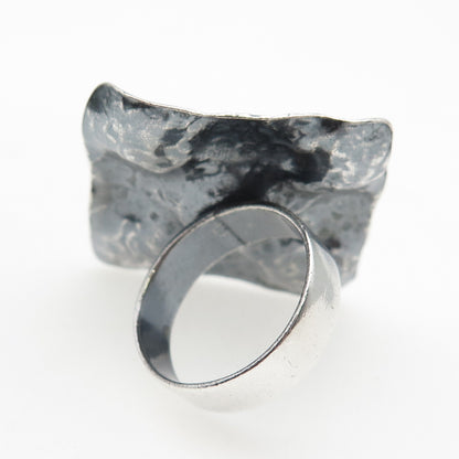 925 Sterling Vintage Modernist Hammered Square Oxidized Statement Ring Size 8