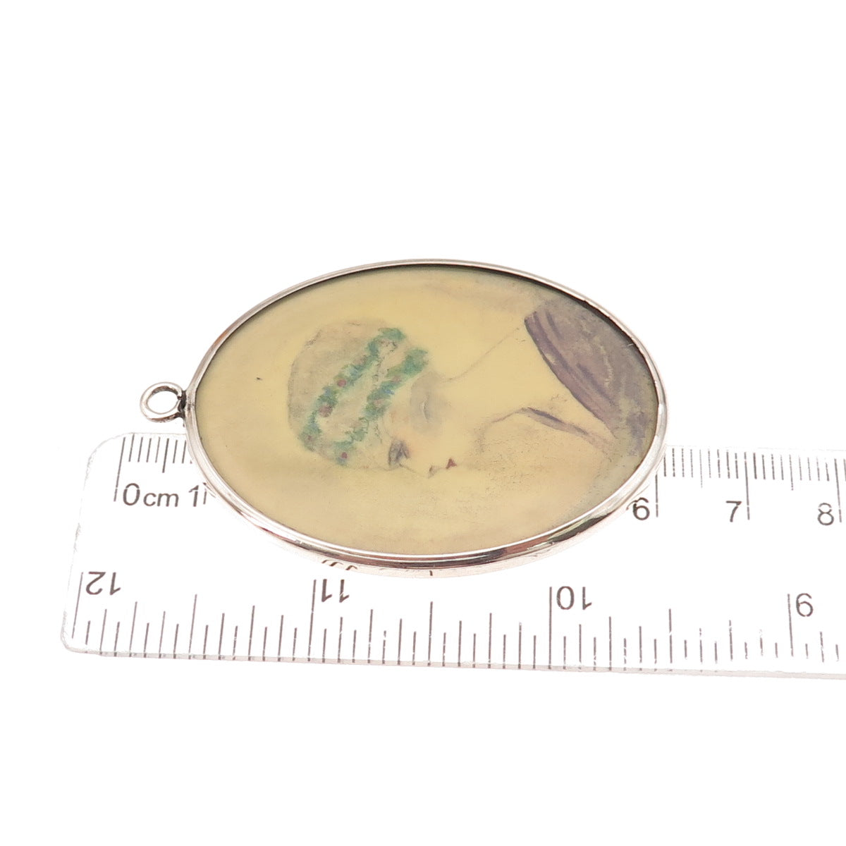 925 Sterling Silver Antique Art Deco Dutch Female Portrait Hand-Painted Pendant