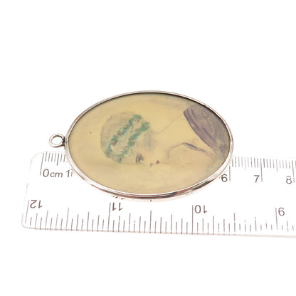 925 Sterling Silver Antique Art Deco Dutch Female Portrait Hand-Painted Pendant