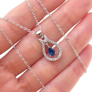 925 Sterling Silver Blue & White C Z Teardrop Cable Chain Necklace 18"