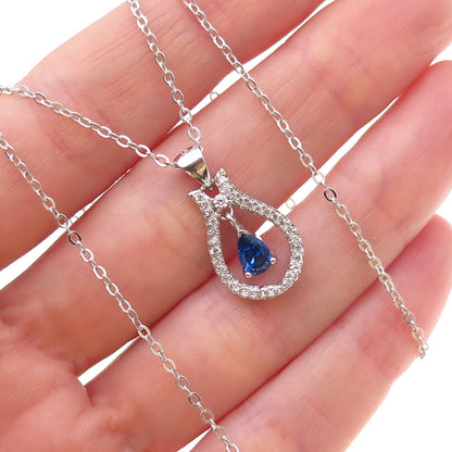 925 Sterling Silver Blue & White C Z Teardrop Cable Chain Necklace 18"