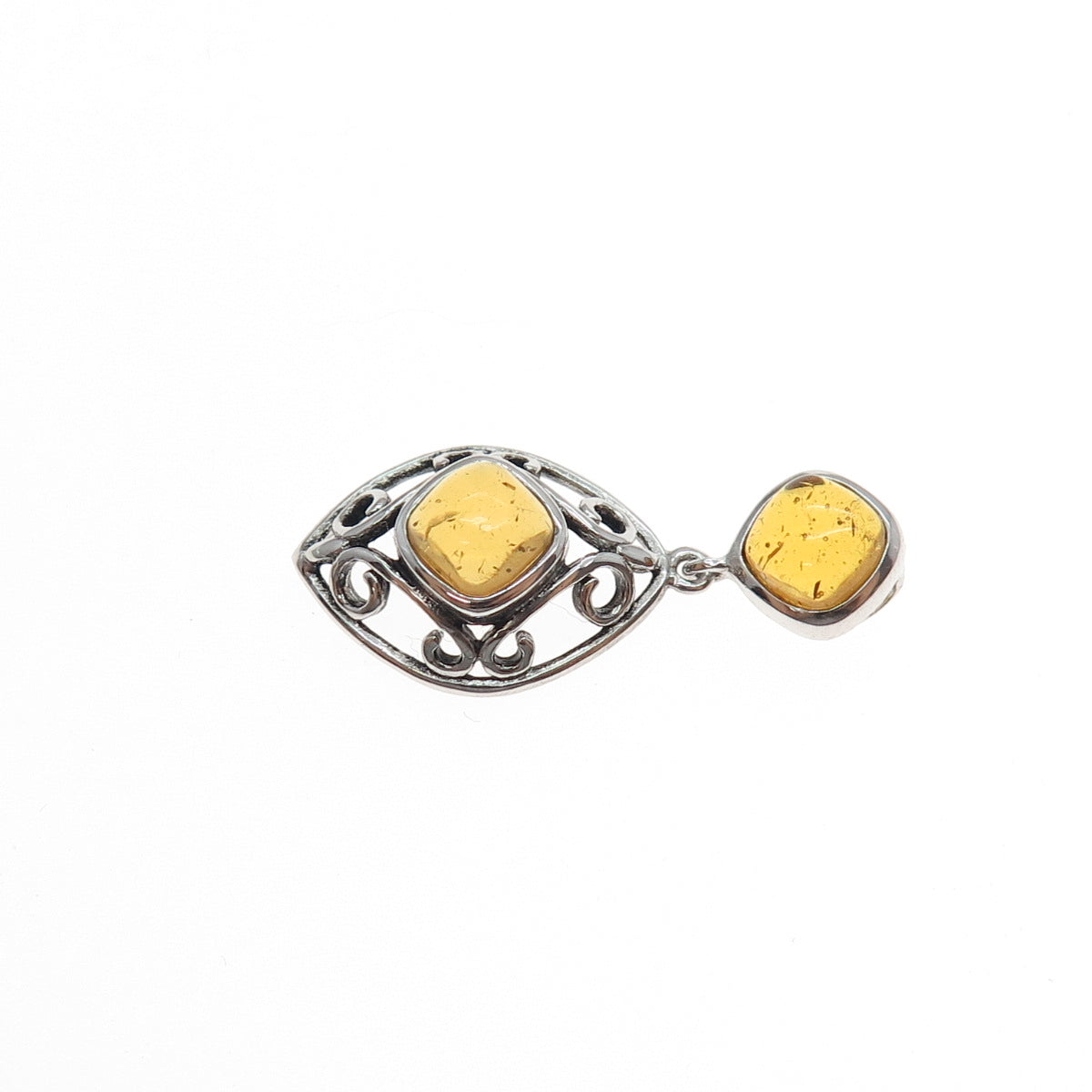 925 Sterling Silver Old Stock Vintage Real Amber Ornate Slide Charm Pendant