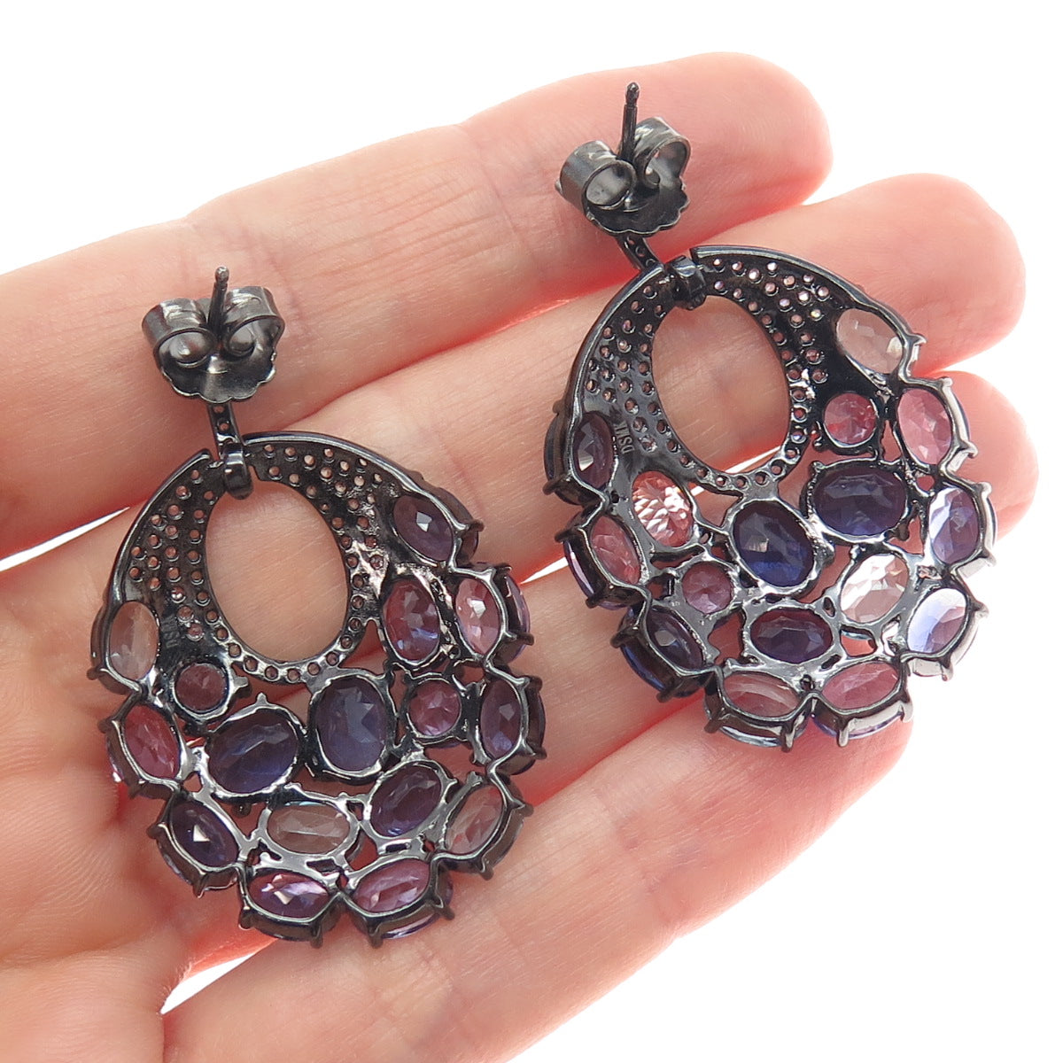 925 Sterling Black Rhodium Blue & White Topaz Amethyst Tanzanite Iolite Earrings