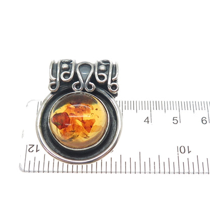 925 Sterling Silver Vintage MAC Artisan Real Amber Oxidized Slide Charm Pendant